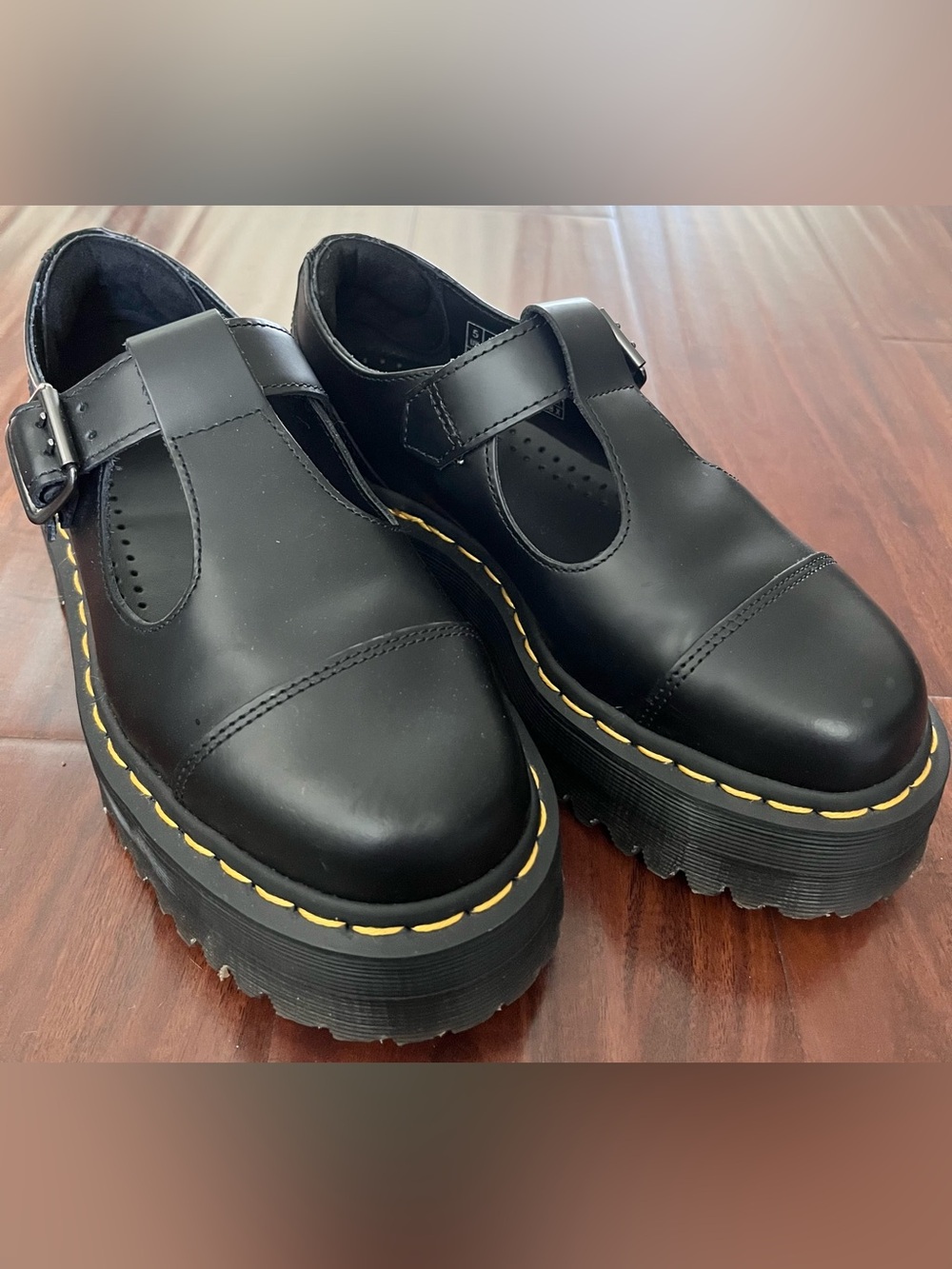 Dr. Martens BETHAN Black Leather Tstrap Mary Jane Platform with Yellow Stitching